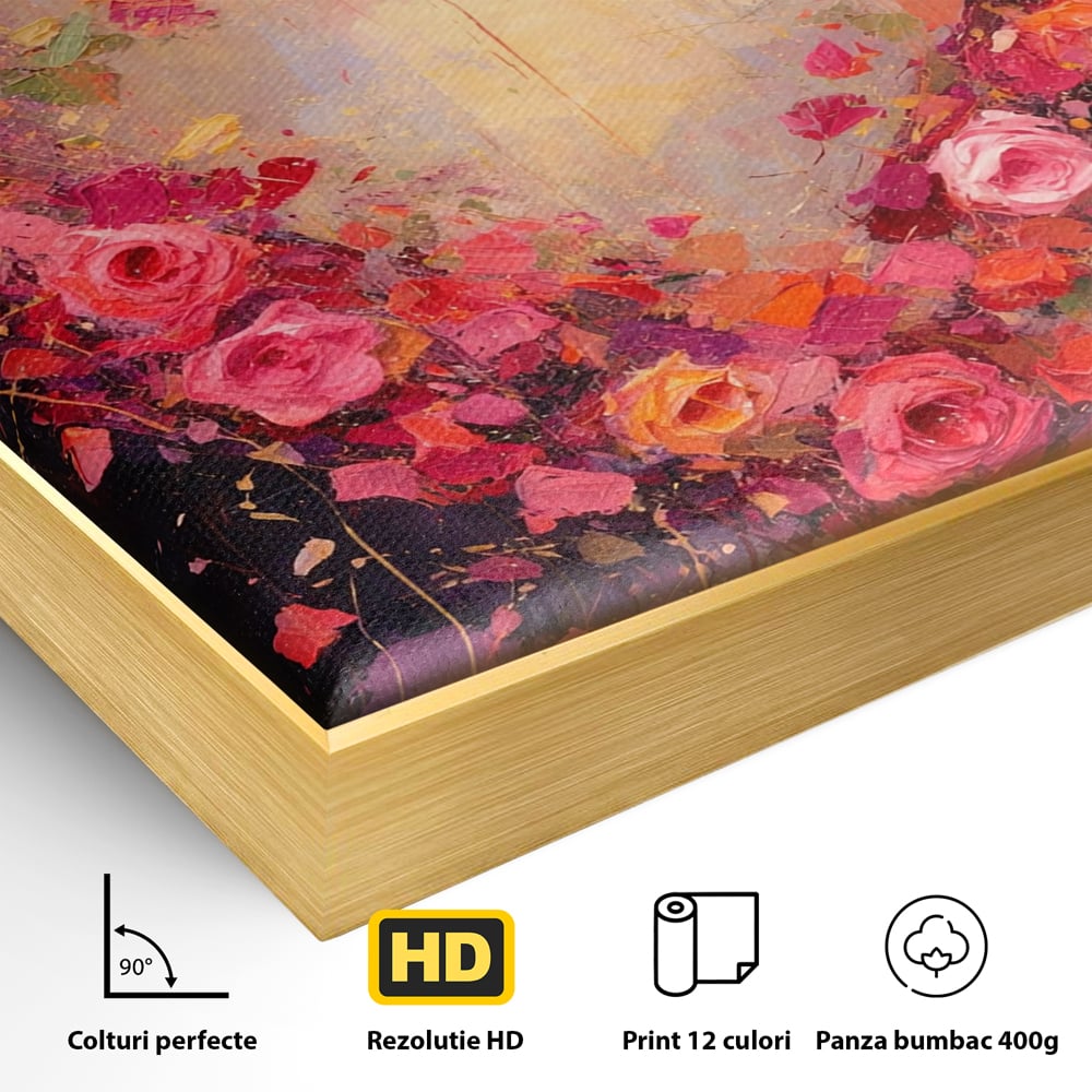 Tablou Canvas Premium, LuxCanva® E1070, Cand Iubirea Infloreste, Dragoste, Inima, Trandafiri, Puls, Dragoste, Flori, Gradina, Eden, Petale, Suflet, Rosu, Roz, Emotie, Living, Dormitor