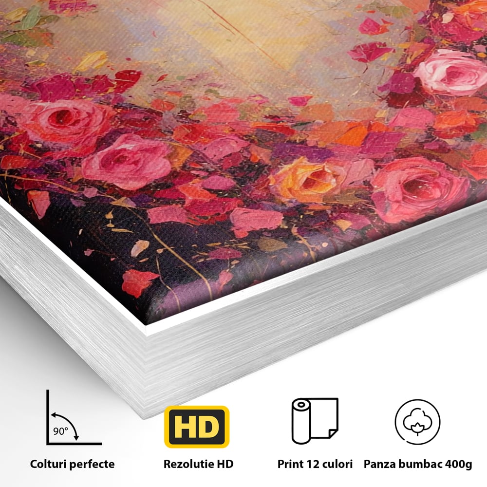 Tablou Canvas Premium, LuxCanva® E1070, Cand Iubirea Infloreste, Dragoste, Inima, Trandafiri, Puls, Dragoste, Flori, Gradina, Eden, Petale, Suflet, Rosu, Roz, Emotie, Living, Dormitor