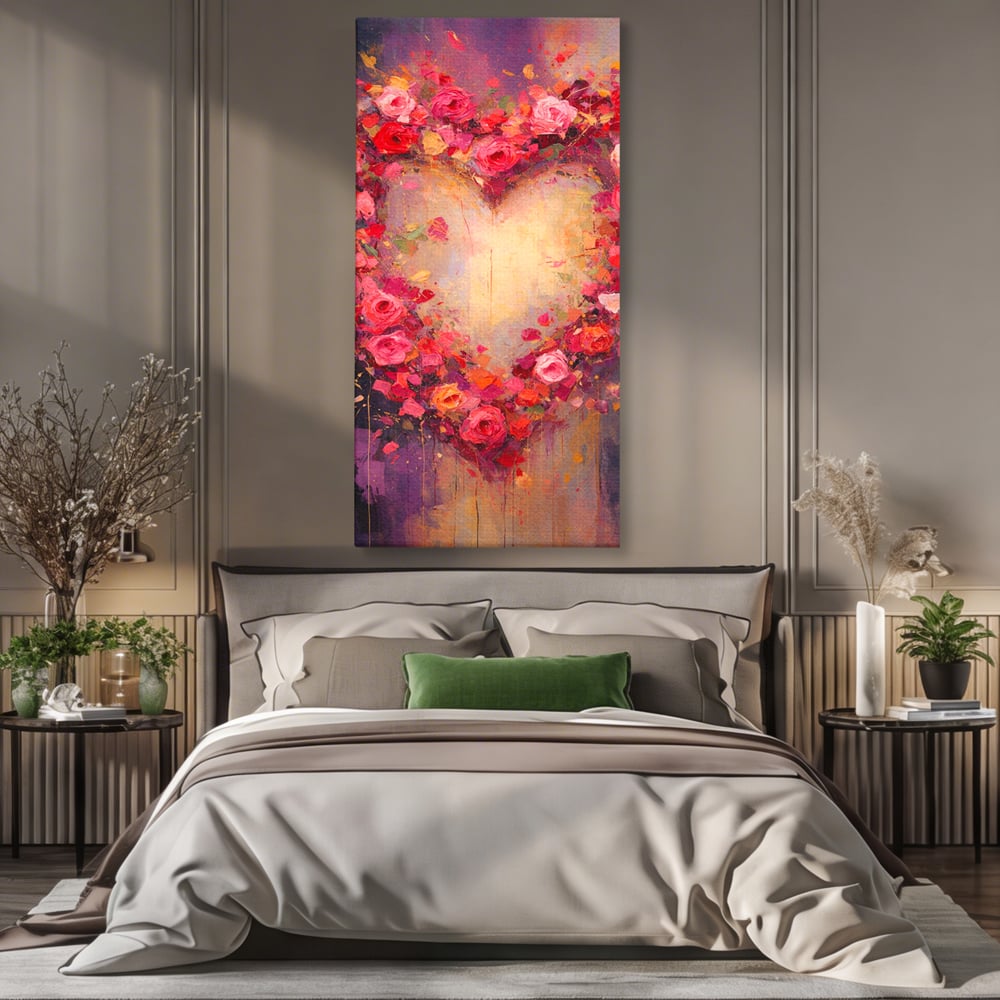 Tablou Canvas Premium, LuxCanva® E1070, Cand Iubirea Infloreste, Dragoste, Inima, Trandafiri, Puls, Dragoste, Flori, Gradina, Eden, Petale, Suflet, Rosu, Roz, Emotie, Living, Dormitor