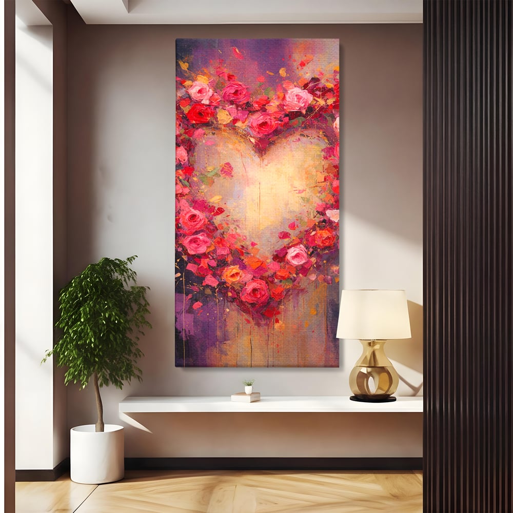 Tablou Canvas Premium, LuxCanva® E1070, Cand Iubirea Infloreste, Dragoste, Inima, Trandafiri, Puls, Dragoste, Flori, Gradina, Eden, Petale, Suflet, Rosu, Roz, Emotie, Living, Dormitor