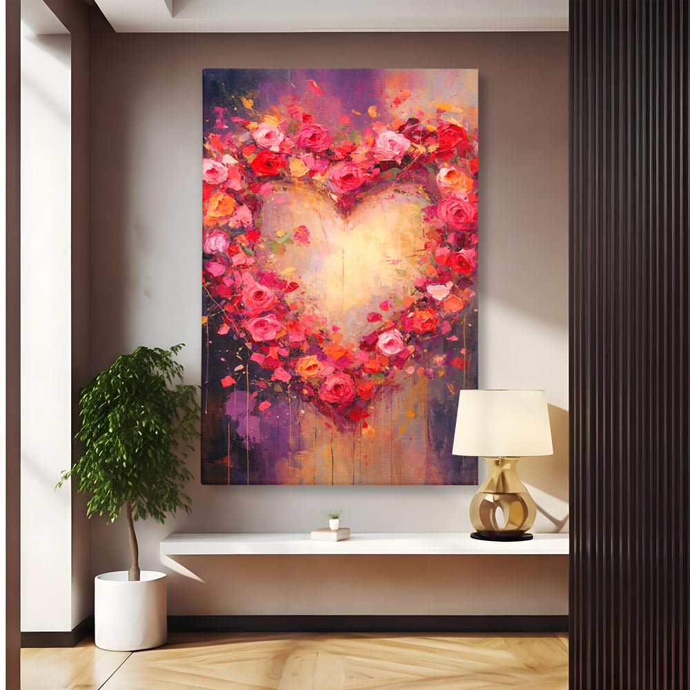 Tablou Canvas Premium, LuxCanva® E1070, Cand Iubirea Infloreste, Dragoste, Inima, Trandafiri, Puls, Dragoste, Flori, Gradina, Eden, Petale, Suflet, Rosu, Roz, Emotie, Living, Dormitor