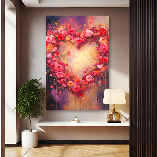 Tablou Canvas Premium, LuxCanva® E1070, Cand Iubirea Infloreste, Dragoste, Inima, Trandafiri, Puls, Dragoste, Flori, Gradina, Eden, Petale, Suflet, Rosu, Roz, Emotie, Living, Dormitor