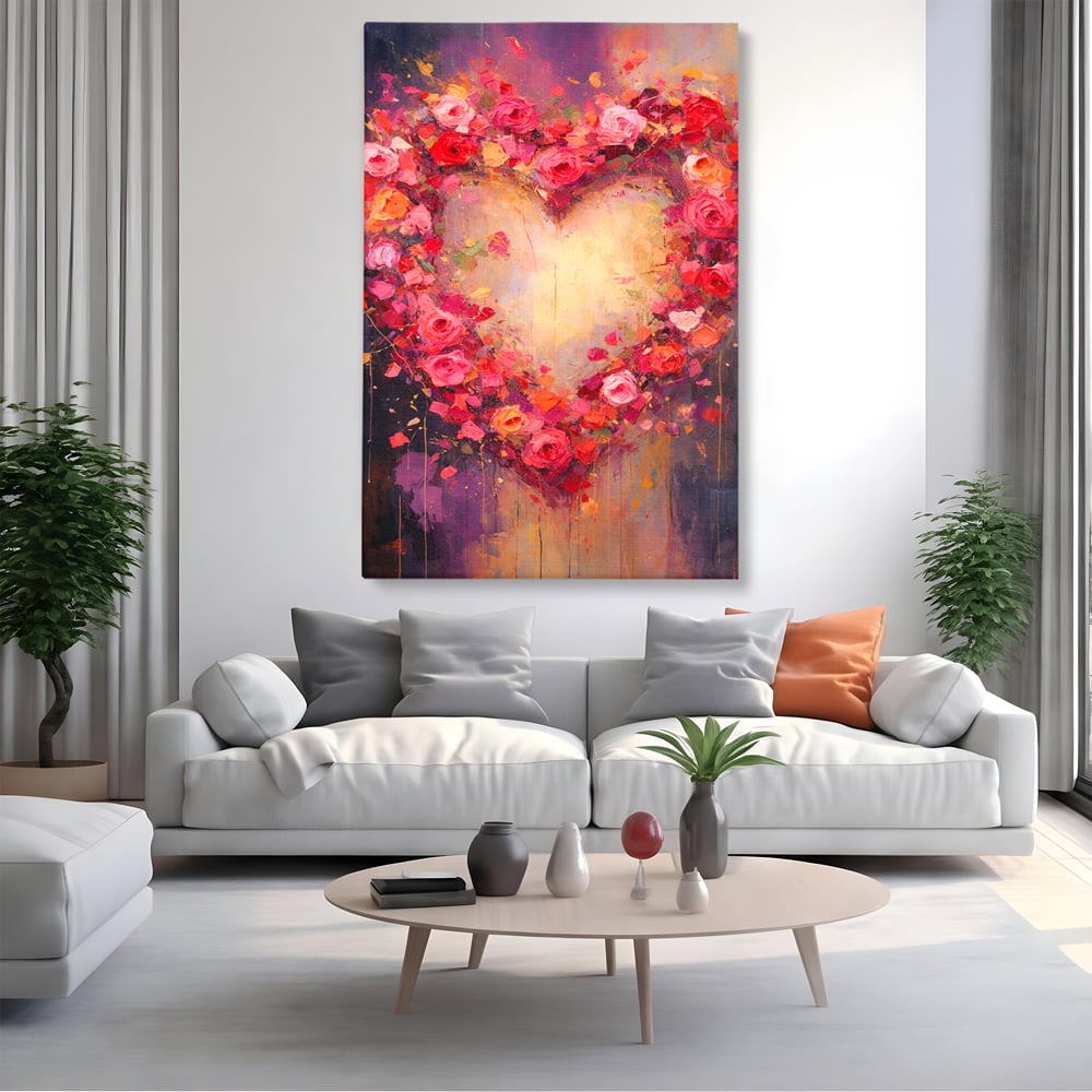 Tablou Canvas Premium, LuxCanva® E1070, Cand Iubirea Infloreste, Dragoste, Inima, Trandafiri, Puls, Dragoste, Flori, Gradina, Eden, Petale, Suflet, Rosu, Roz, Emotie, Living, Dormitor