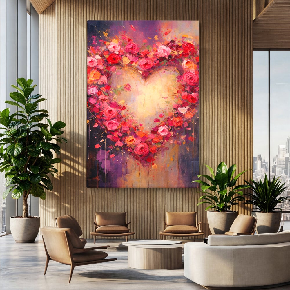Tablou Canvas Premium, LuxCanva® E1070, Cand Iubirea Infloreste, Dragoste, Inima, Trandafiri, Puls, Dragoste, Flori, Gradina, Eden, Petale, Suflet, Rosu, Roz, Emotie, Living, Dormitor