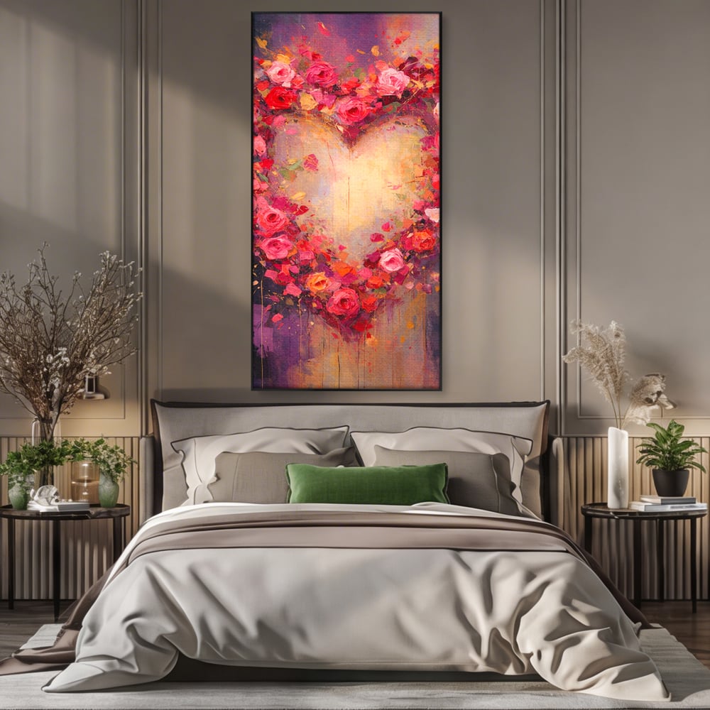 Tablou Canvas Premium, LuxCanva® E1070, Cand Iubirea Infloreste, Dragoste, Inima, Trandafiri, Puls, Dragoste, Flori, Gradina, Eden, Petale, Suflet, Rosu, Roz, Emotie, Living, Dormitor