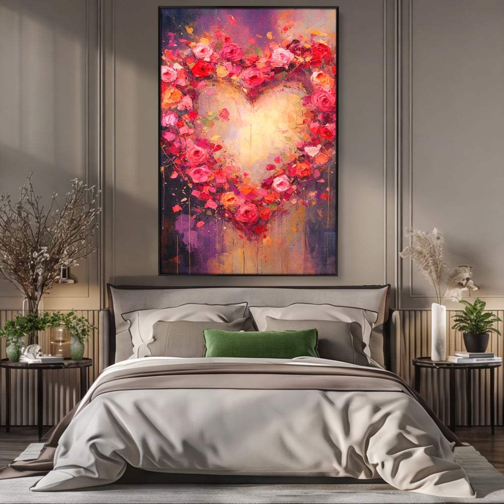 Tablou Canvas Premium, LuxCanva® E1070, Cand Iubirea Infloreste, Dragoste, Inima, Trandafiri, Puls, Dragoste, Flori, Gradina, Eden, Petale, Suflet, Rosu, Roz, Emotie, Living, Dormitor