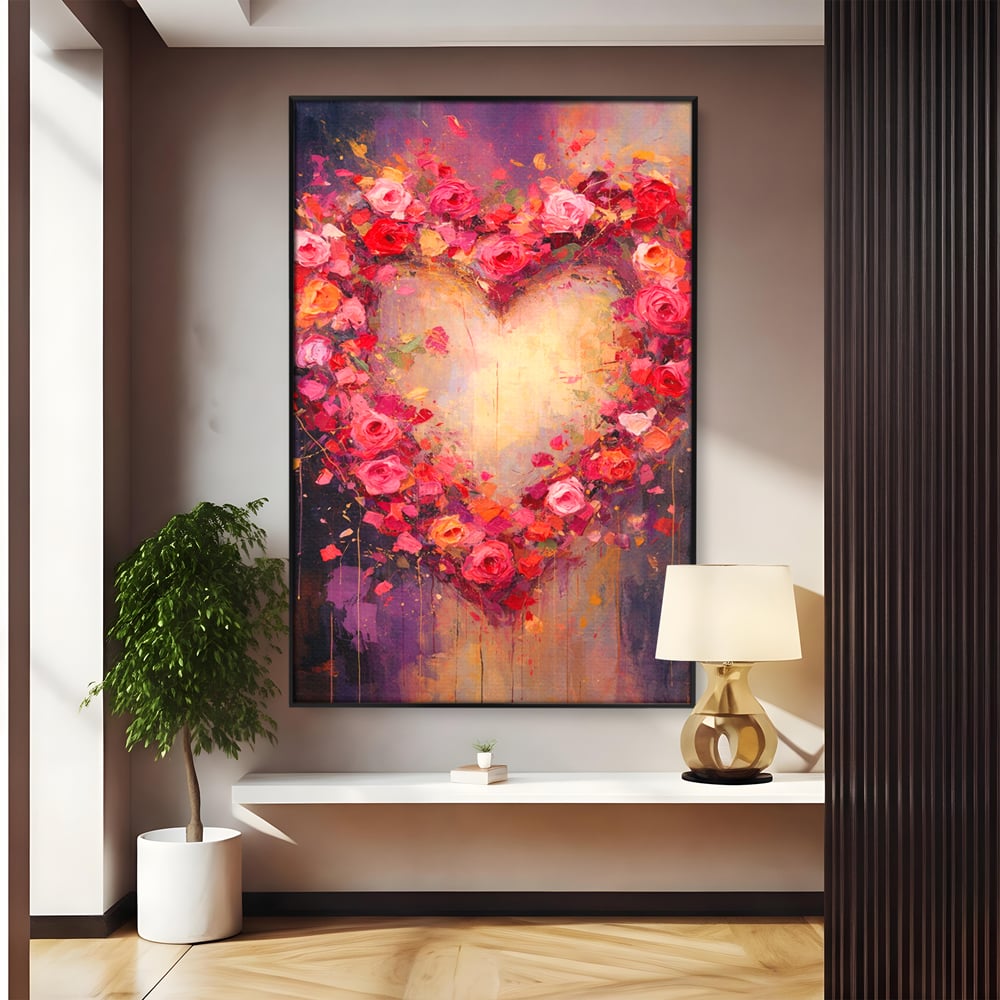 Tablou Canvas Premium, LuxCanva® E1070, Cand Iubirea Infloreste, Dragoste, Inima, Trandafiri, Puls, Dragoste, Flori, Gradina, Eden, Petale, Suflet, Rosu, Roz, Emotie, Living, Dormitor