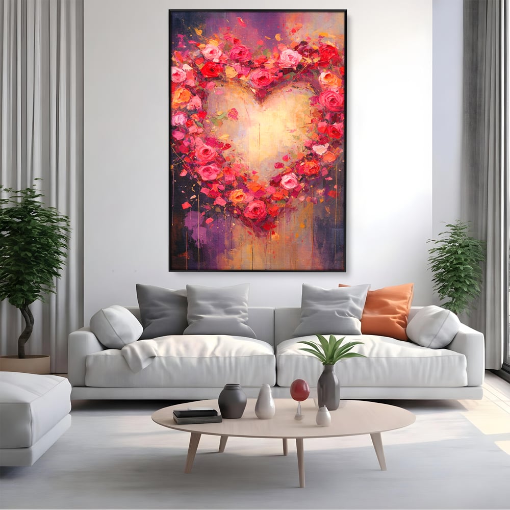 Tablou Canvas Premium, LuxCanva® E1070, Cand Iubirea Infloreste, Dragoste, Inima, Trandafiri, Puls, Dragoste, Flori, Gradina, Eden, Petale, Suflet, Rosu, Roz, Emotie, Living, Dormitor