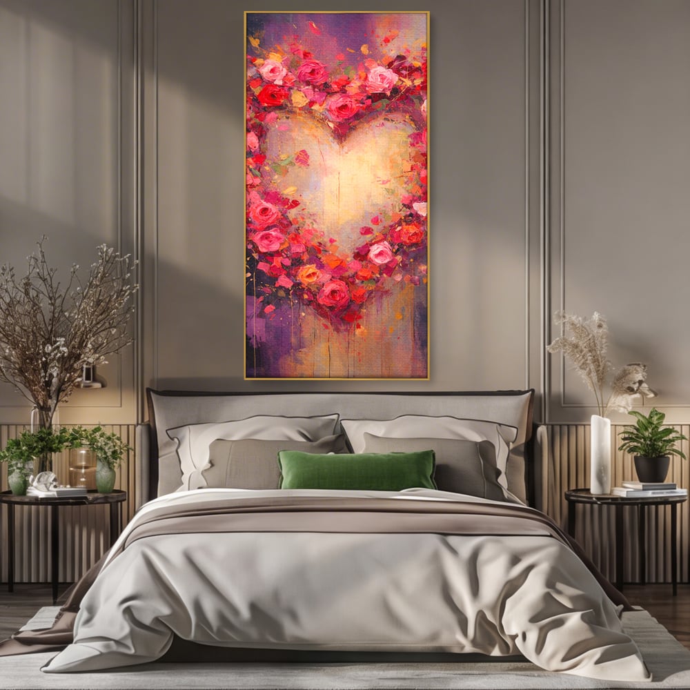 Tablou Canvas Premium, LuxCanva® E1070, Cand Iubirea Infloreste, Dragoste, Inima, Trandafiri, Puls, Dragoste, Flori, Gradina, Eden, Petale, Suflet, Rosu, Roz, Emotie, Living, Dormitor