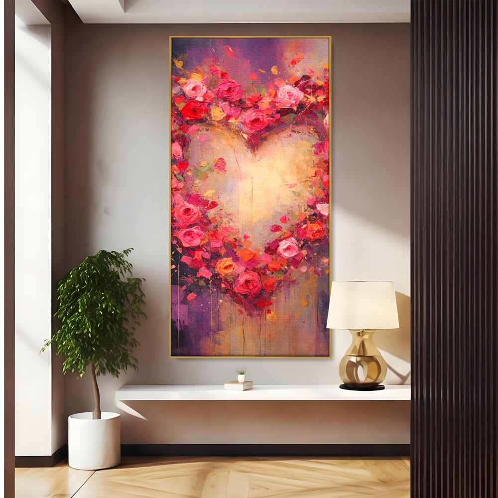 Tablou Canvas Premium, LuxCanva® E1070, Cand Iubirea Infloreste, Dragoste, Inima, Trandafiri, Puls, Dragoste, Flori, Gradina, Eden, Petale, Suflet, Rosu, Roz, Emotie, Living, Dormitor
