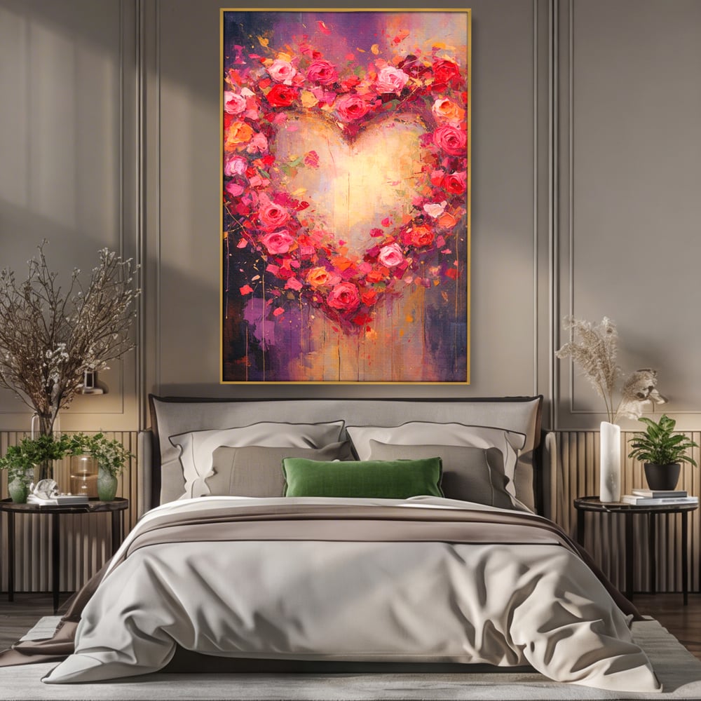 Tablou Canvas Premium, LuxCanva® E1070, Cand Iubirea Infloreste, Dragoste, Inima, Trandafiri, Puls, Dragoste, Flori, Gradina, Eden, Petale, Suflet, Rosu, Roz, Emotie, Living, Dormitor