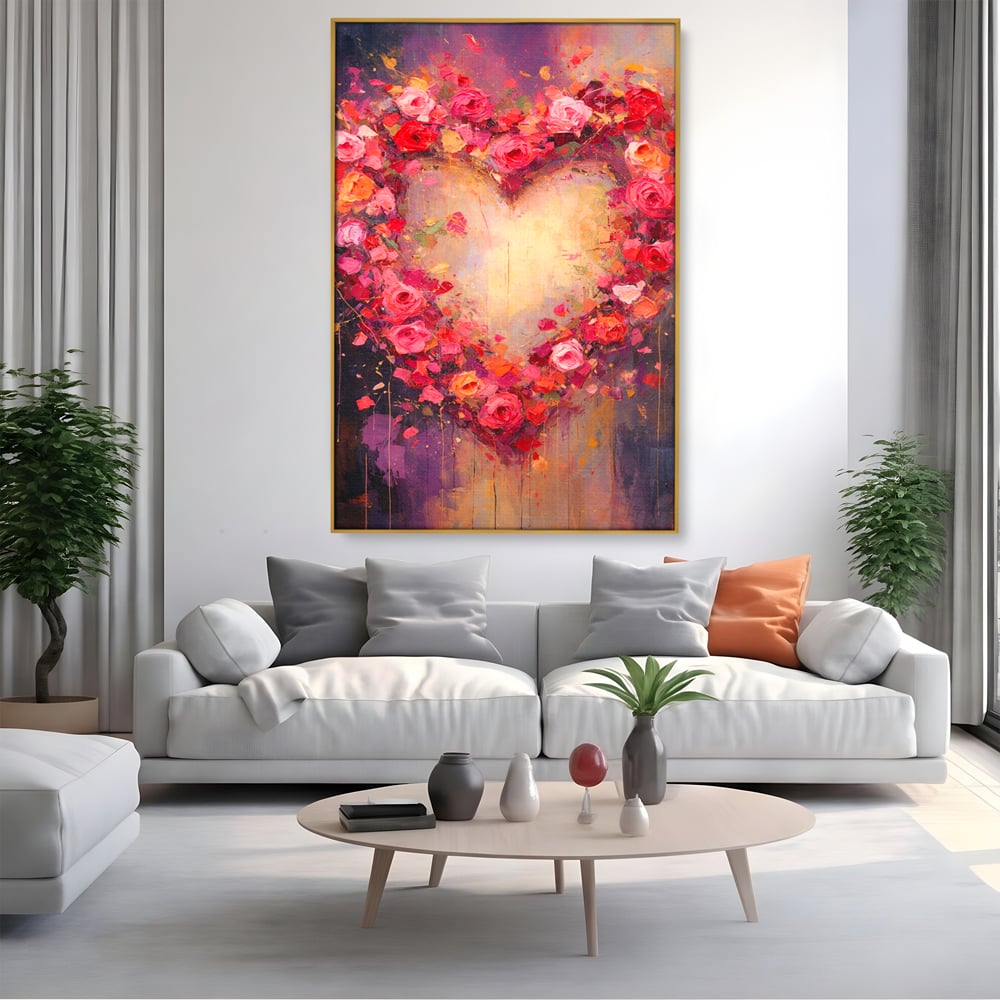 Tablou Canvas Premium, LuxCanva® E1070, Cand Iubirea Infloreste, Dragoste, Inima, Trandafiri, Puls, Dragoste, Flori, Gradina, Eden, Petale, Suflet, Rosu, Roz, Emotie, Living, Dormitor