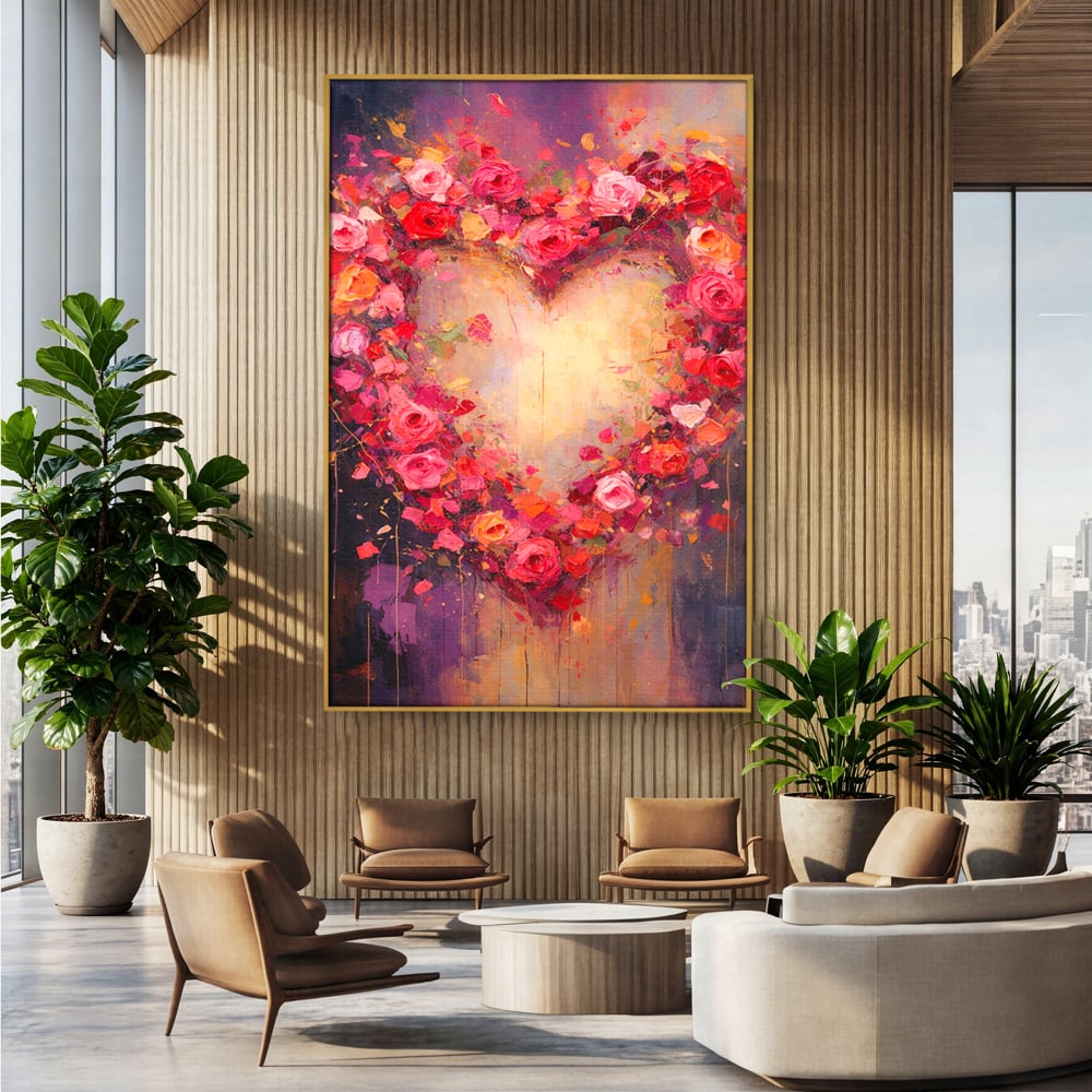 Tablou Canvas Premium, LuxCanva® E1070, Cand Iubirea Infloreste, Dragoste, Inima, Trandafiri, Puls, Dragoste, Flori, Gradina, Eden, Petale, Suflet, Rosu, Roz, Emotie, Living, Dormitor