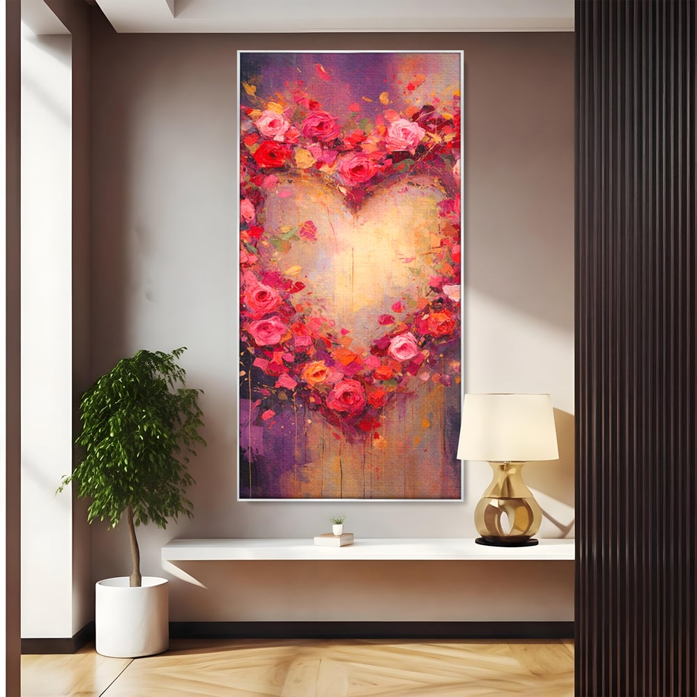 Tablou Canvas Premium, LuxCanva® E1070, Cand Iubirea Infloreste, Dragoste, Inima, Trandafiri, Puls, Dragoste, Flori, Gradina, Eden, Petale, Suflet, Rosu, Roz, Emotie, Living, Dormitor