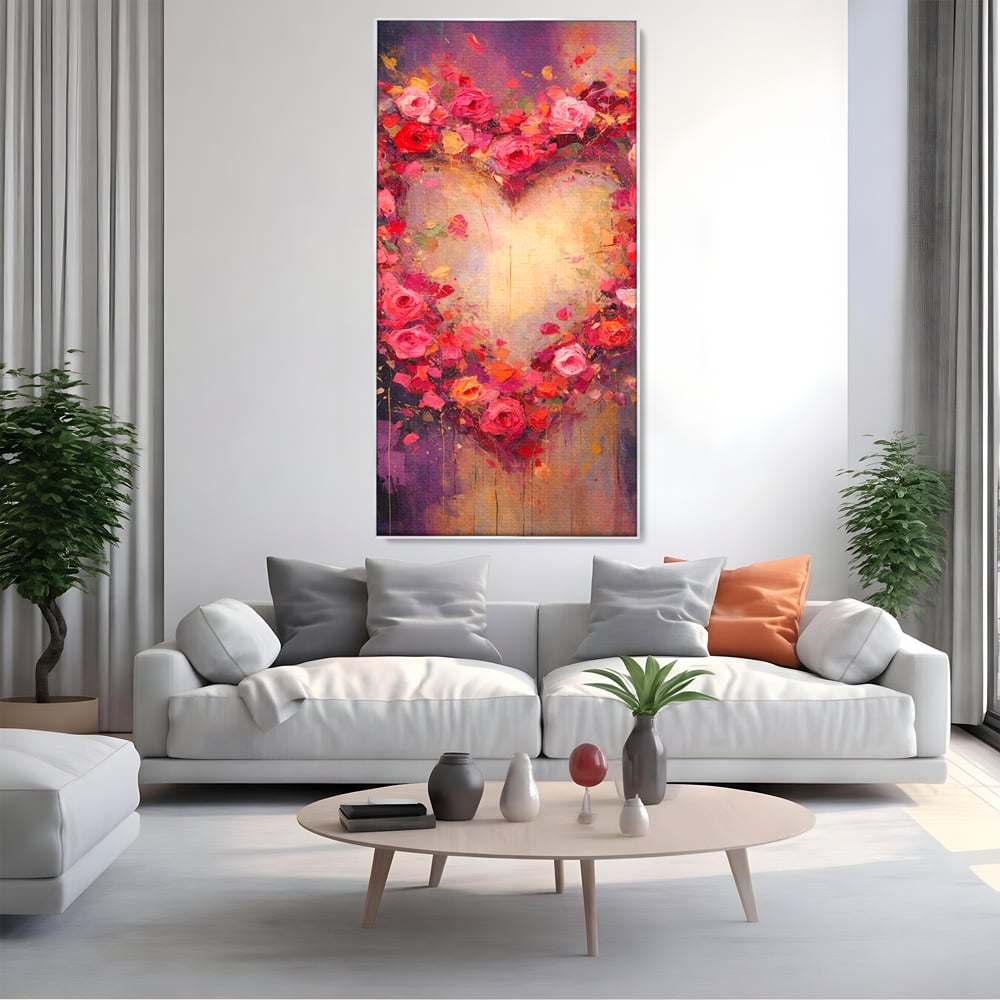 Tablou Canvas Premium, LuxCanva® E1070, Cand Iubirea Infloreste, Dragoste, Inima, Trandafiri, Puls, Dragoste, Flori, Gradina, Eden, Petale, Suflet, Rosu, Roz, Emotie, Living, Dormitor