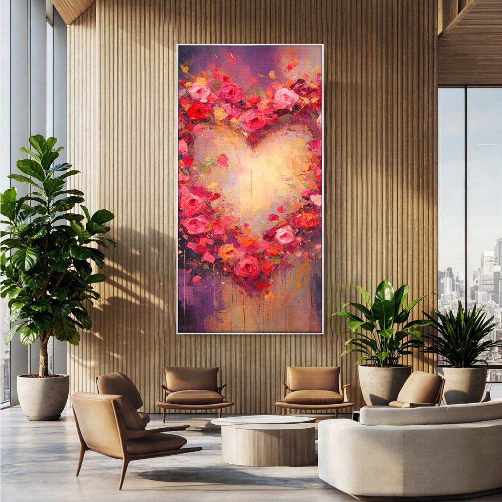 Tablou Canvas Premium, LuxCanva® E1070, Cand Iubirea Infloreste, Dragoste, Inima, Trandafiri, Puls, Dragoste, Flori, Gradina, Eden, Petale, Suflet, Rosu, Roz, Emotie, Living, Dormitor