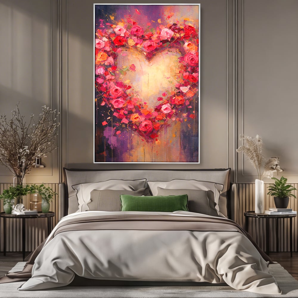 Tablou Canvas Premium, LuxCanva® E1070, Cand Iubirea Infloreste, Dragoste, Inima, Trandafiri, Puls, Dragoste, Flori, Gradina, Eden, Petale, Suflet, Rosu, Roz, Emotie, Living, Dormitor