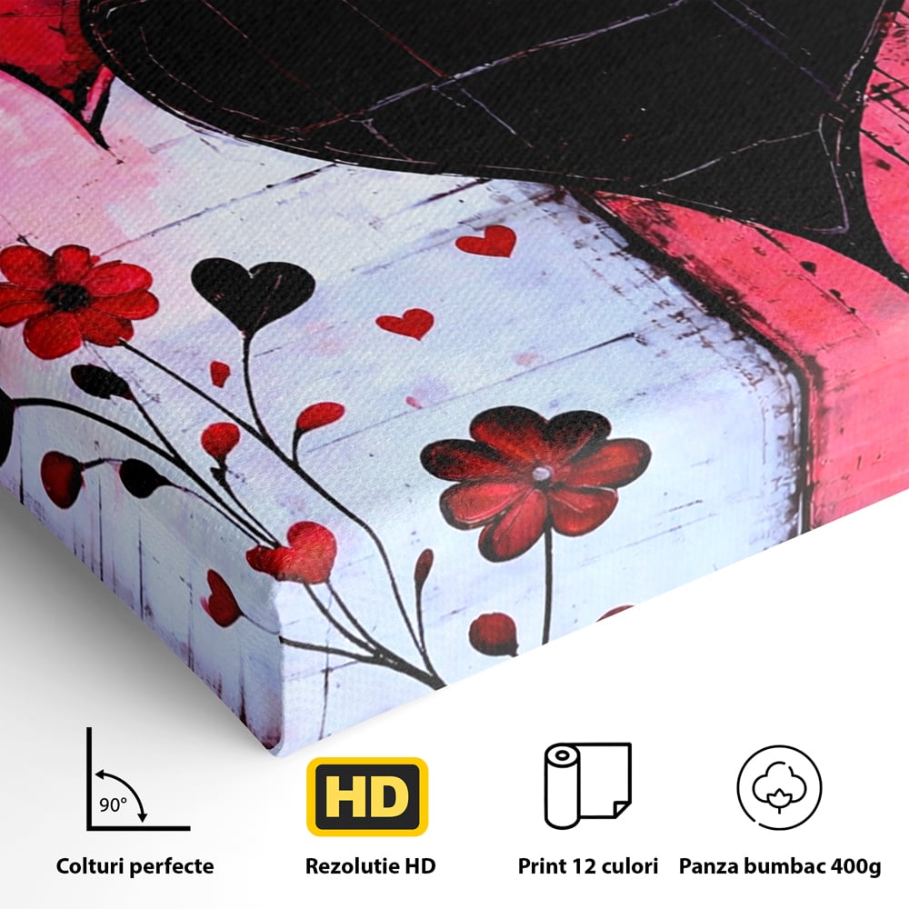 Tablou Canvas Premium, LuxCanva® E1071, Cand Inimile Vorbesc, Dragoste, Inima, Alb, Rosu, Flori, Aniversare, Cadou, Emotie, Armonie, Contraste, Impletit, Poveste, Living, Dormitor
