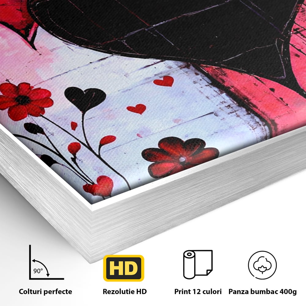 Tablou Canvas Premium, LuxCanva® E1071, Cand Inimile Vorbesc, Dragoste, Inima, Alb, Rosu, Flori, Aniversare, Cadou, Emotie, Armonie, Contraste, Impletit, Poveste, Living, Dormitor