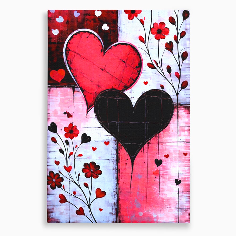 Tablou Canvas Premium, LuxCanva® E1071, Cand Inimile Vorbesc, Dragoste, Inima, Alb, Rosu, Flori, Aniversare, Cadou, Emotie, Armonie, Contraste, Impletit, Poveste, Living, Dormitor