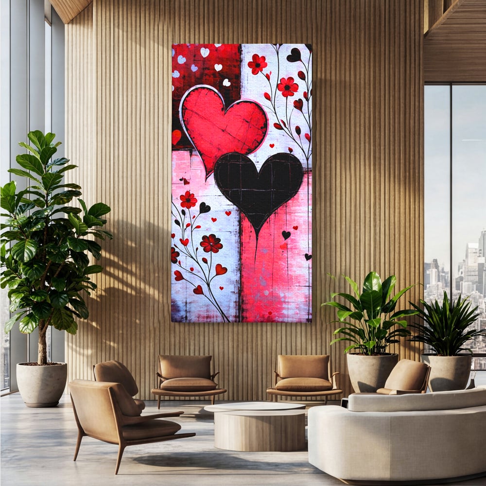 Tablou Canvas Premium, LuxCanva® E1071, Cand Inimile Vorbesc, Dragoste, Inima, Alb, Rosu, Flori, Aniversare, Cadou, Emotie, Armonie, Contraste, Impletit, Poveste, Living, Dormitor
