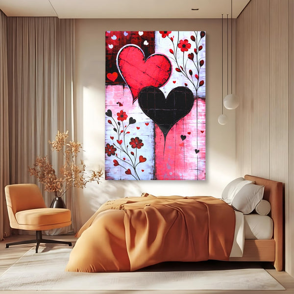Tablou Canvas Premium, LuxCanva® E1071, Cand Inimile Vorbesc, Dragoste, Inima, Alb, Rosu, Flori, Aniversare, Cadou, Emotie, Armonie, Contraste, Impletit, Poveste, Living, Dormitor