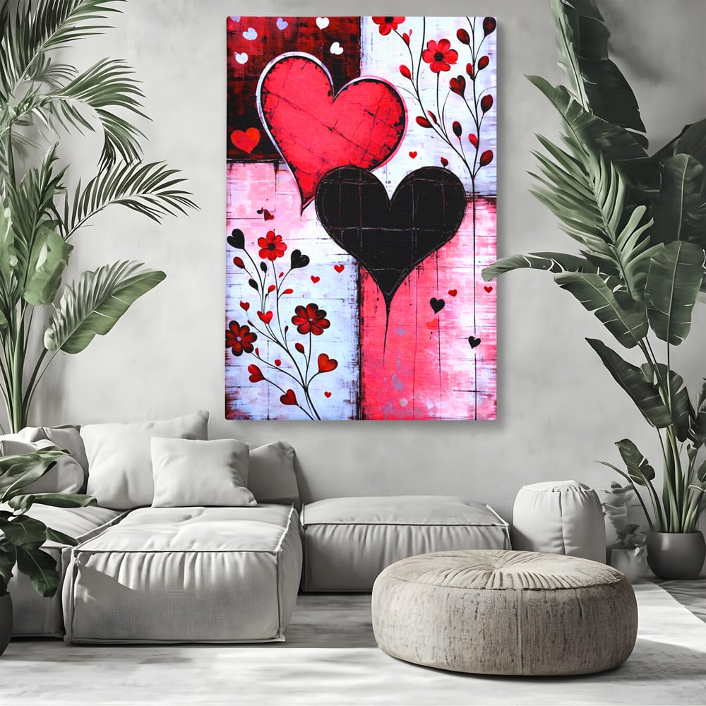 Tablou Canvas Premium, LuxCanva® E1071, Cand Inimile Vorbesc, Dragoste, Inima, Alb, Rosu, Flori, Aniversare, Cadou, Emotie, Armonie, Contraste, Impletit, Poveste, Living, Dormitor