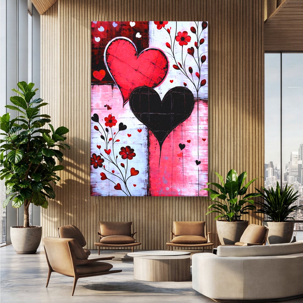 Tablou Canvas Premium, LuxCanva® E1071, Cand Inimile Vorbesc, Dragoste, Inima, Alb, Rosu, Flori, Aniversare, Cadou, Emotie, Armonie, Contraste, Impletit, Poveste, Living, Dormitor