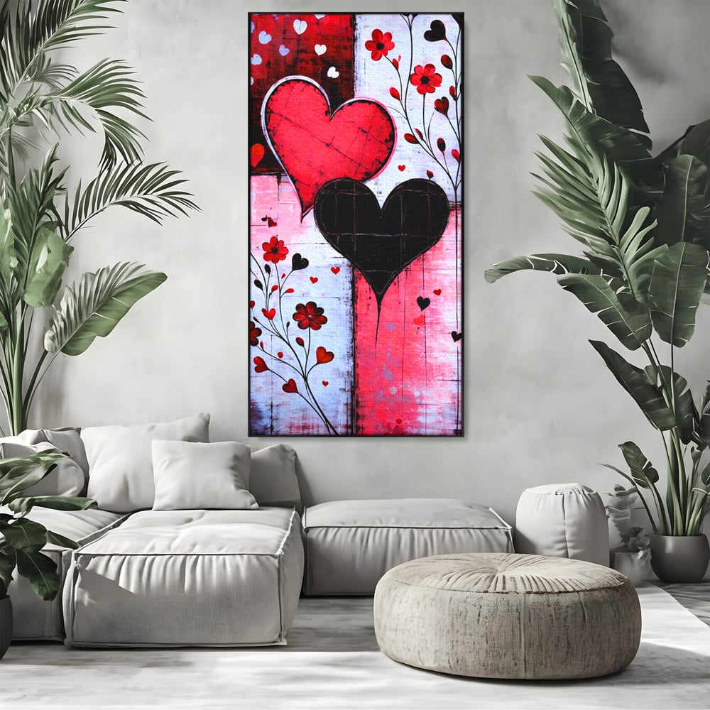 Tablou Canvas Premium, LuxCanva® E1071, Cand Inimile Vorbesc, Dragoste, Inima, Alb, Rosu, Flori, Aniversare, Cadou, Emotie, Armonie, Contraste, Impletit, Poveste, Living, Dormitor