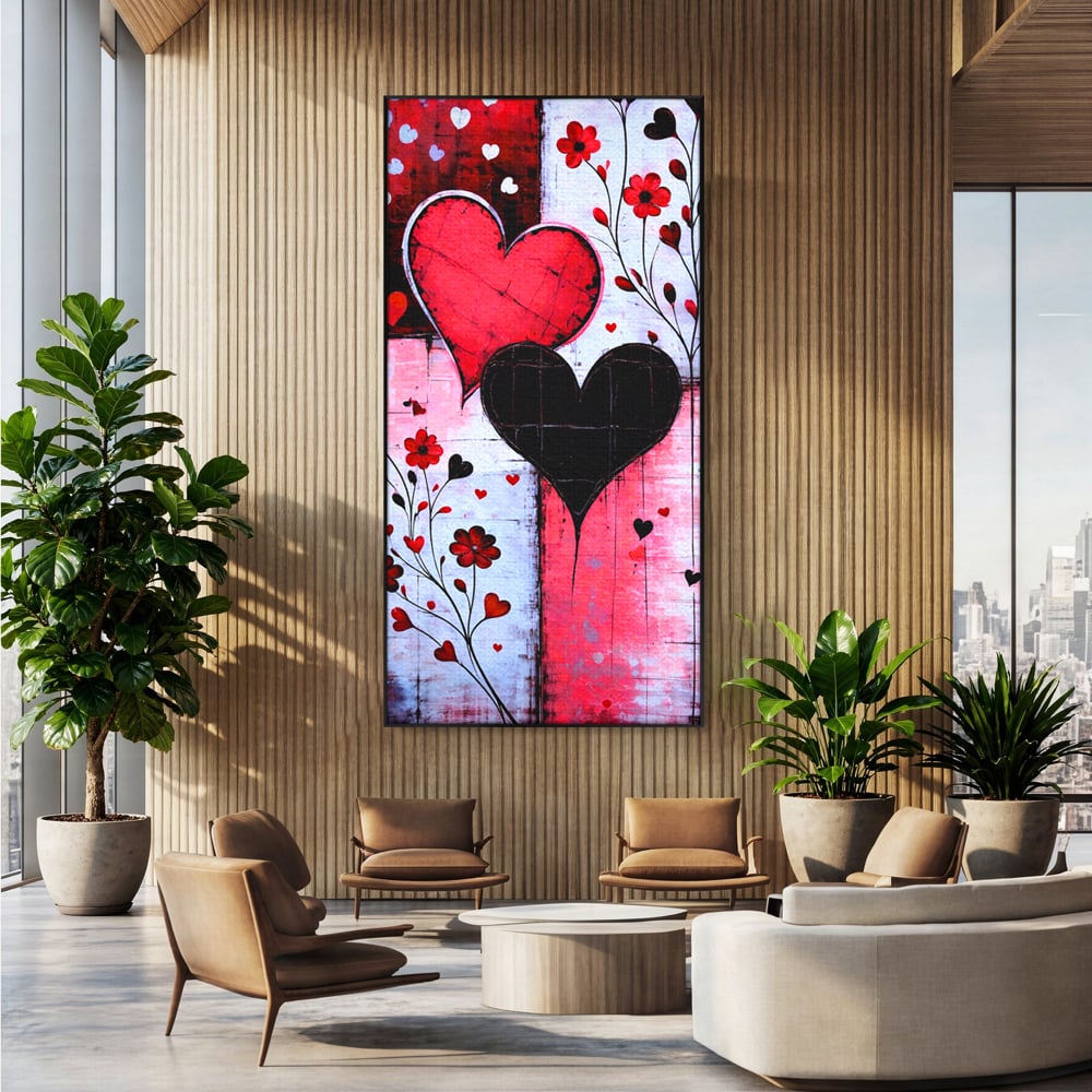 Tablou Canvas Premium, LuxCanva® E1071, Cand Inimile Vorbesc, Dragoste, Inima, Alb, Rosu, Flori, Aniversare, Cadou, Emotie, Armonie, Contraste, Impletit, Poveste, Living, Dormitor