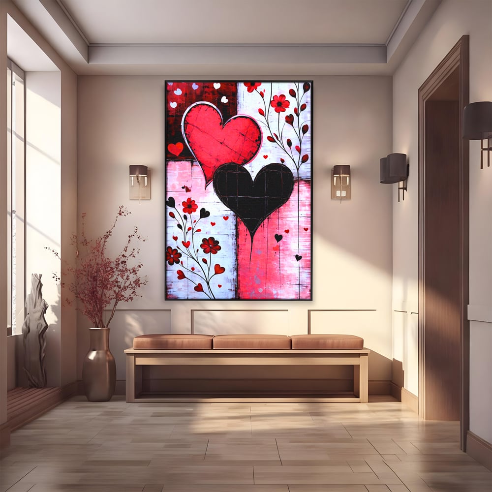 Tablou Canvas Premium, LuxCanva® E1071, Cand Inimile Vorbesc, Dragoste, Inima, Alb, Rosu, Flori, Aniversare, Cadou, Emotie, Armonie, Contraste, Impletit, Poveste, Living, Dormitor