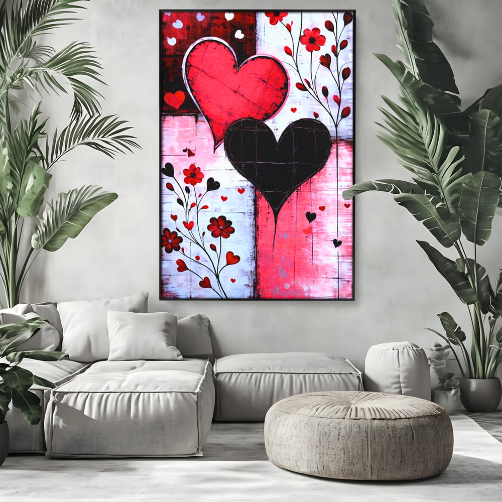 Tablou Canvas Premium, LuxCanva® E1071, Cand Inimile Vorbesc, Dragoste, Inima, Alb, Rosu, Flori, Aniversare, Cadou, Emotie, Armonie, Contraste, Impletit, Poveste, Living, Dormitor