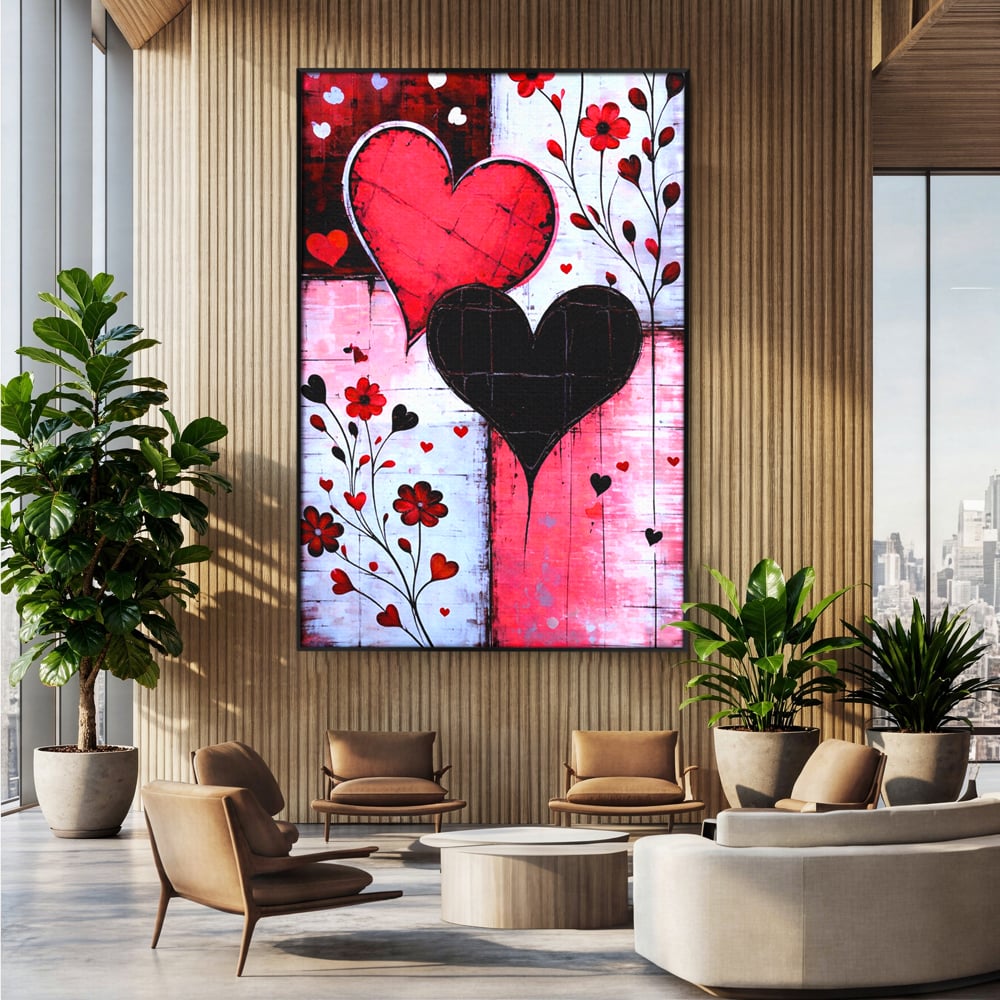 Tablou Canvas Premium, LuxCanva® E1071, Cand Inimile Vorbesc, Dragoste, Inima, Alb, Rosu, Flori, Aniversare, Cadou, Emotie, Armonie, Contraste, Impletit, Poveste, Living, Dormitor