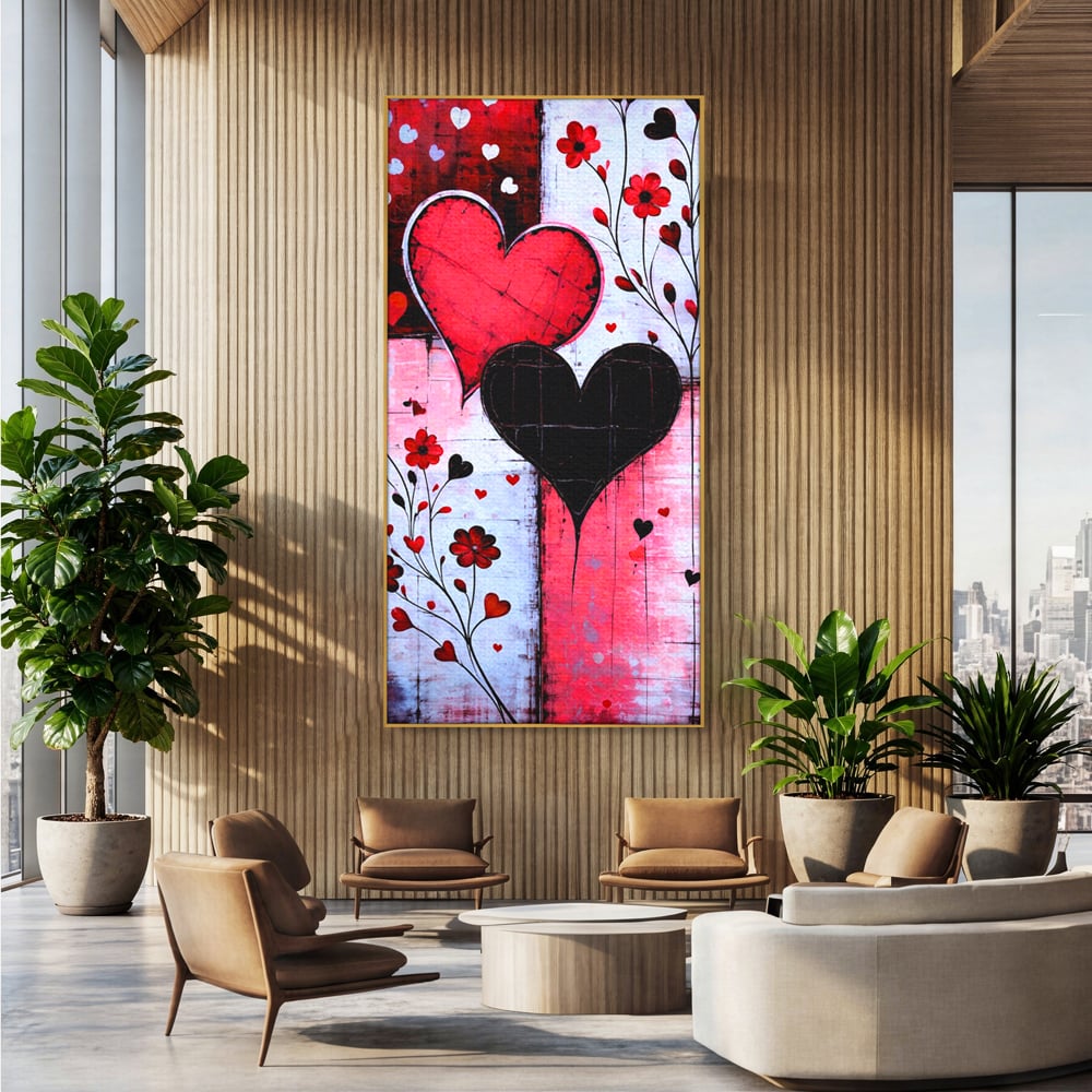 Tablou Canvas Premium, LuxCanva® E1071, Cand Inimile Vorbesc, Dragoste, Inima, Alb, Rosu, Flori, Aniversare, Cadou, Emotie, Armonie, Contraste, Impletit, Poveste, Living, Dormitor