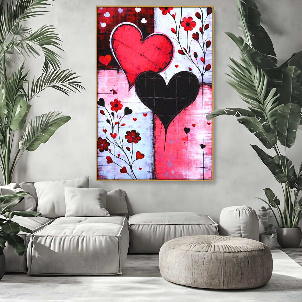 Tablou Canvas Premium, LuxCanva® E1071, Cand Inimile Vorbesc, Dragoste, Inima, Alb, Rosu, Flori, Aniversare, Cadou, Emotie, Armonie, Contraste, Impletit, Poveste, Living, Dormitor
