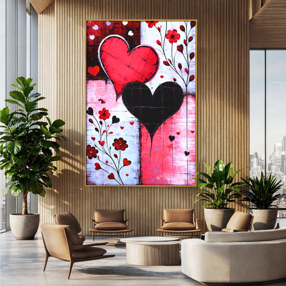 Tablou Canvas Premium, LuxCanva® E1071, Cand Inimile Vorbesc, Dragoste, Inima, Alb, Rosu, Flori, Aniversare, Cadou, Emotie, Armonie, Contraste, Impletit, Poveste, Living, Dormitor