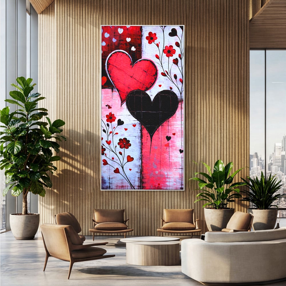 Tablou Canvas Premium, LuxCanva® E1071, Cand Inimile Vorbesc, Dragoste, Inima, Alb, Rosu, Flori, Aniversare, Cadou, Emotie, Armonie, Contraste, Impletit, Poveste, Living, Dormitor