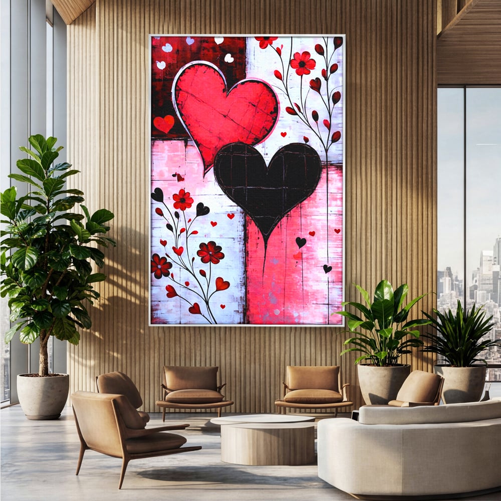 Tablou Canvas Premium, LuxCanva® E1071, Cand Inimile Vorbesc, Dragoste, Inima, Alb, Rosu, Flori, Aniversare, Cadou, Emotie, Armonie, Contraste, Impletit, Poveste, Living, Dormitor