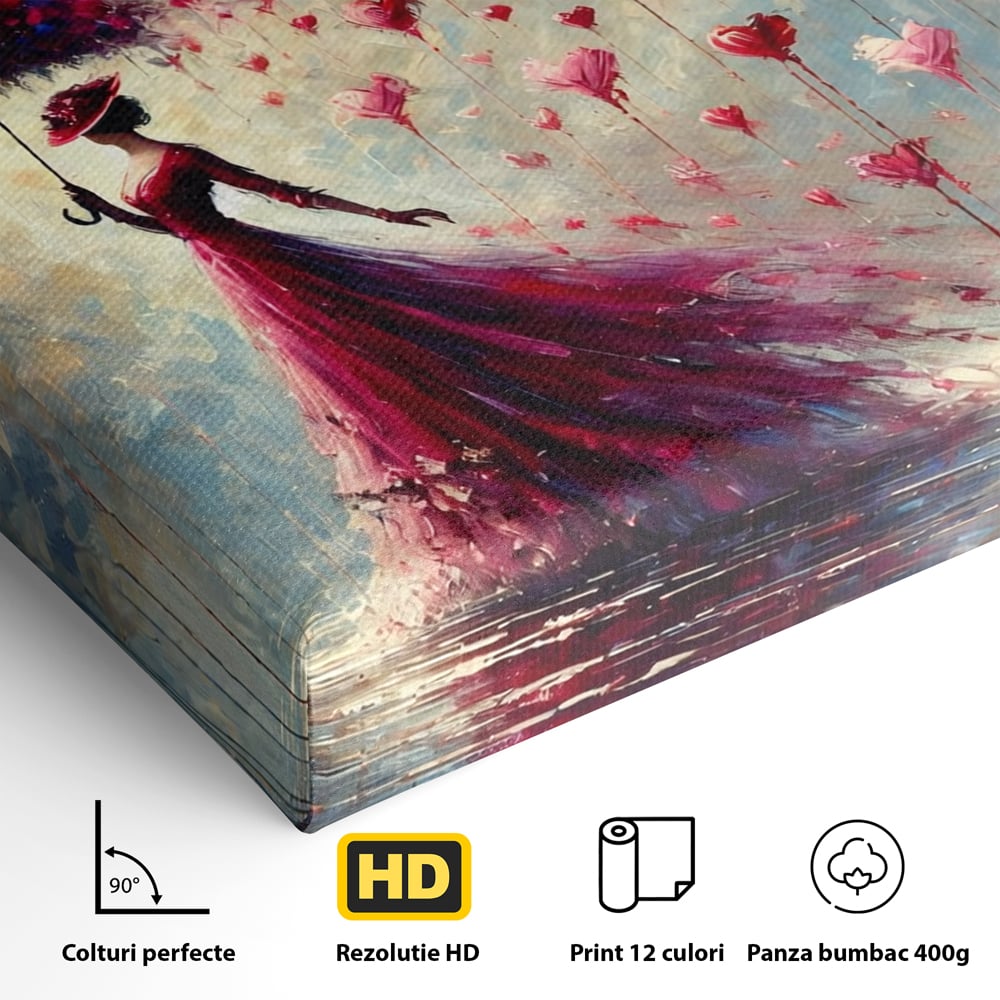 Tablou Canvas Premium, LuxCanva® E1072, Femeia si Ploaia de Inimi, Dragoste, Inima, Umbrela, Rochie, Ploaie, Plimbare, Visare, Sentimente, Feminitate, Sensibilitate, Living, Dormitor
