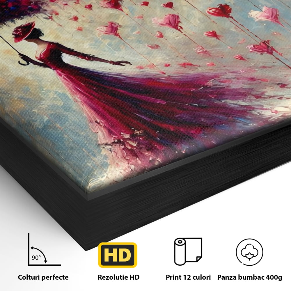 Tablou Canvas Premium, LuxCanva® E1072, Femeia si Ploaia de Inimi, Dragoste, Inima, Umbrela, Rochie, Ploaie, Plimbare, Visare, Sentimente, Feminitate, Sensibilitate, Living, Dormitor