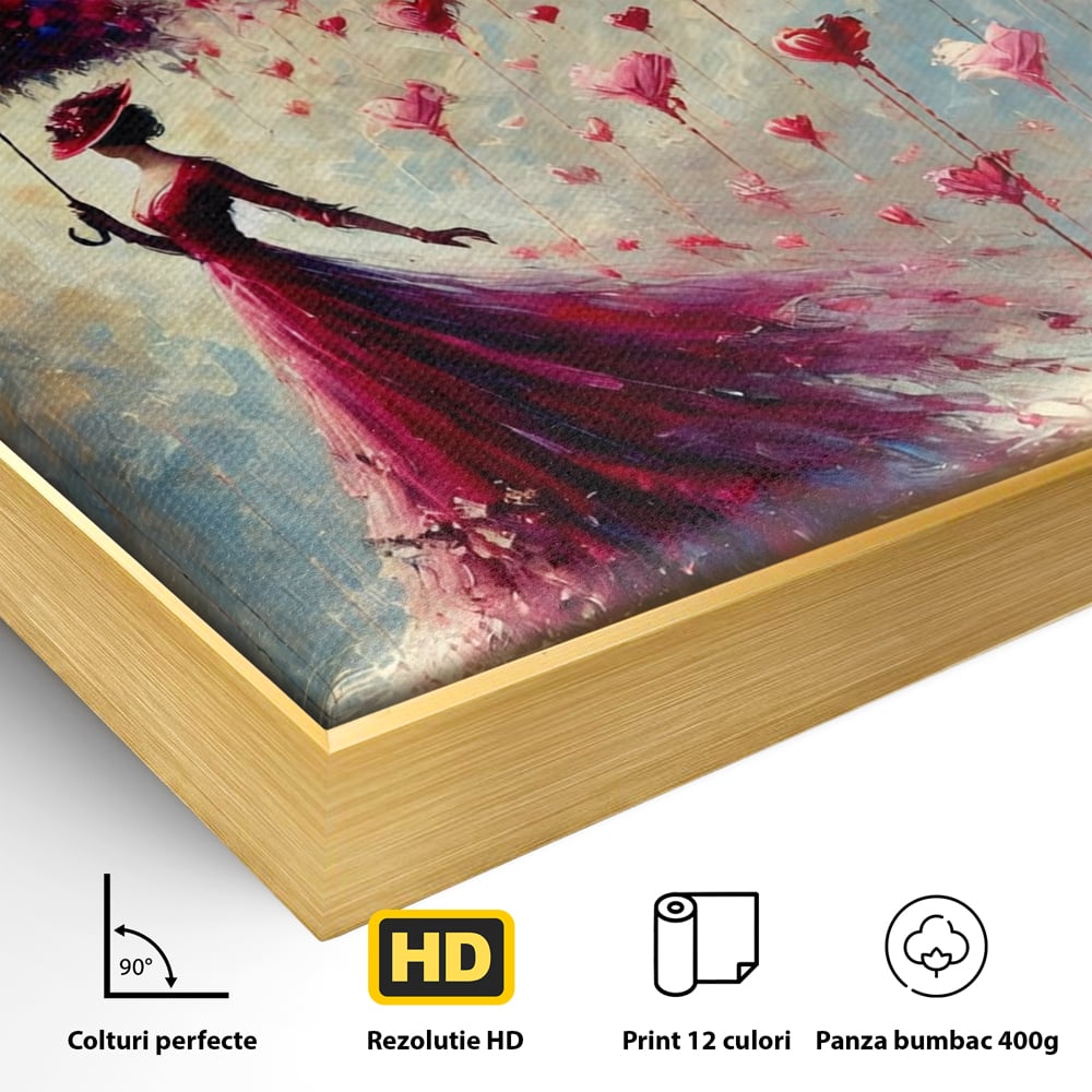 Tablou Canvas Premium, LuxCanva® E1072, Femeia si Ploaia de Inimi, Dragoste, Inima, Umbrela, Rochie, Ploaie, Plimbare, Visare, Sentimente, Feminitate, Sensibilitate, Living, Dormitor