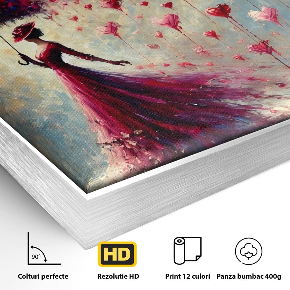 Tablou Canvas Premium, LuxCanva® E1072, Femeia si Ploaia de Inimi, Dragoste, Inima, Umbrela, Rochie, Ploaie, Plimbare, Visare, Sentimente, Feminitate, Sensibilitate, Living, Dormitor