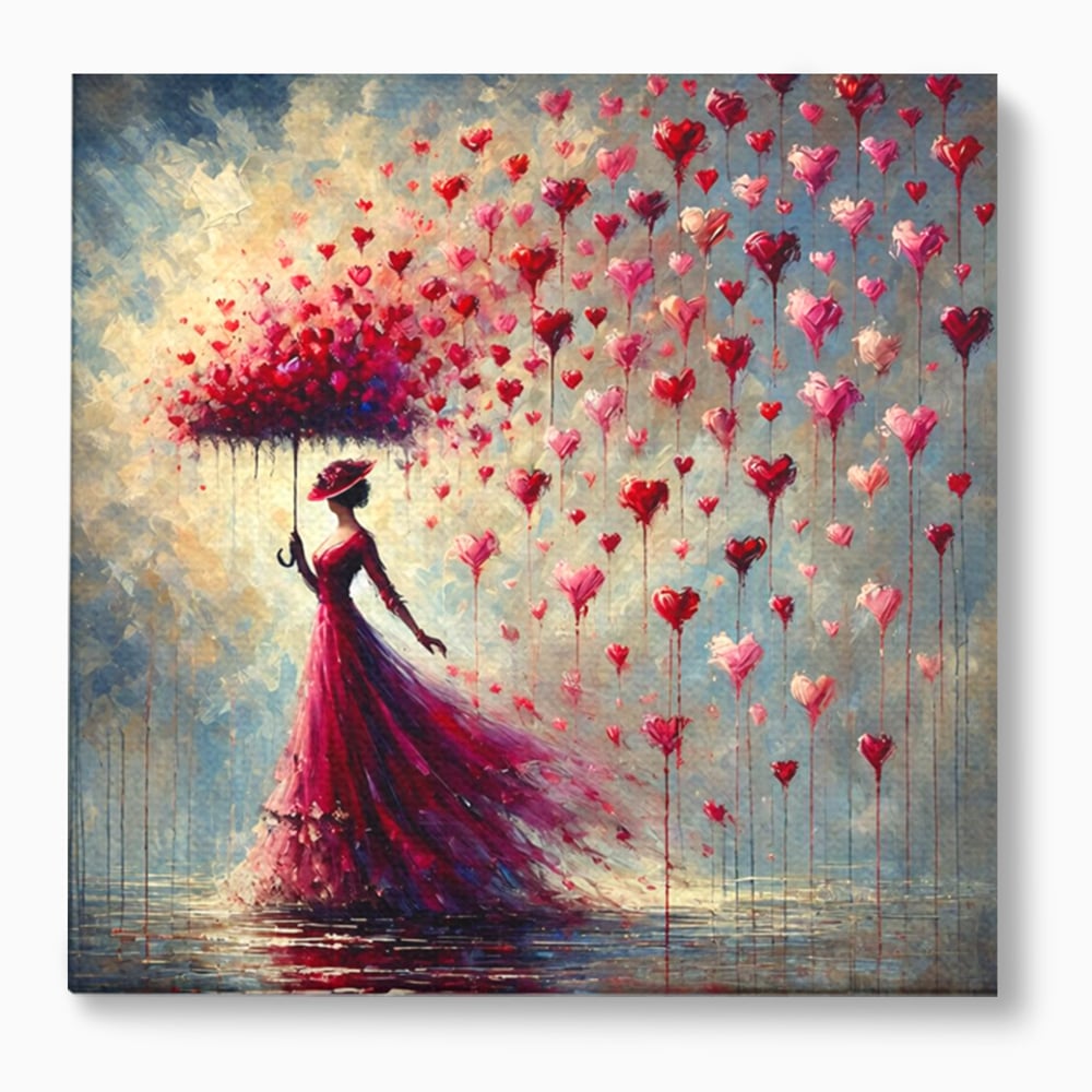 Tablou Canvas Premium, LuxCanva® E1072, Femeia si Ploaia de Inimi, Dragoste, Inima, Umbrela, Rochie, Ploaie, Plimbare, Visare, Sentimente, Feminitate, Sensibilitate, Living, Dormitor