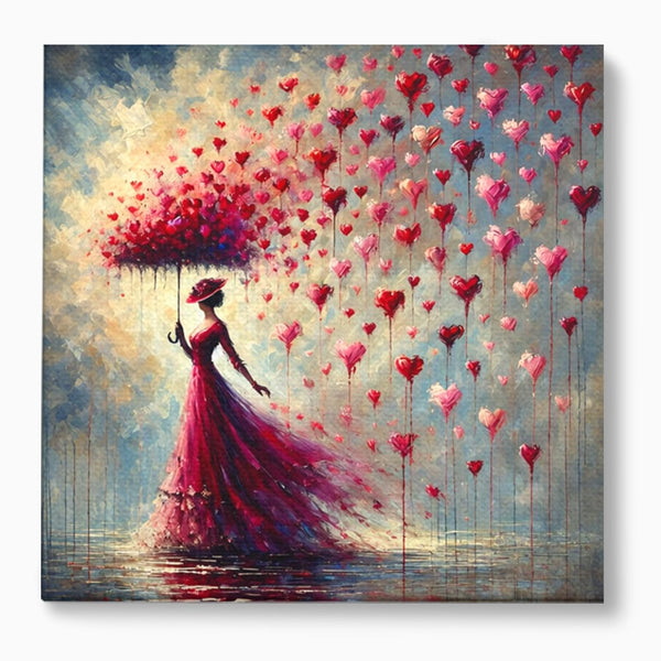 Tablou Canvas Premium, LuxCanva® E1072, Femeia si Ploaia de Inimi, Dragoste, Inima, Umbrela, Rochie, Ploaie, Plimbare, Visare, Sentimente, Feminitate, Sensibilitate, Living, Dormitor