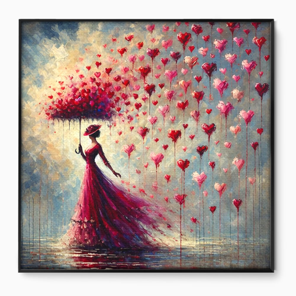 Tablou Canvas Premium, LuxCanva® E1072, Femeia si Ploaia de Inimi, Dragoste, Inima, Umbrela, Rochie, Ploaie, Plimbare, Visare, Sentimente, Feminitate, Sensibilitate, Living, Dormitor