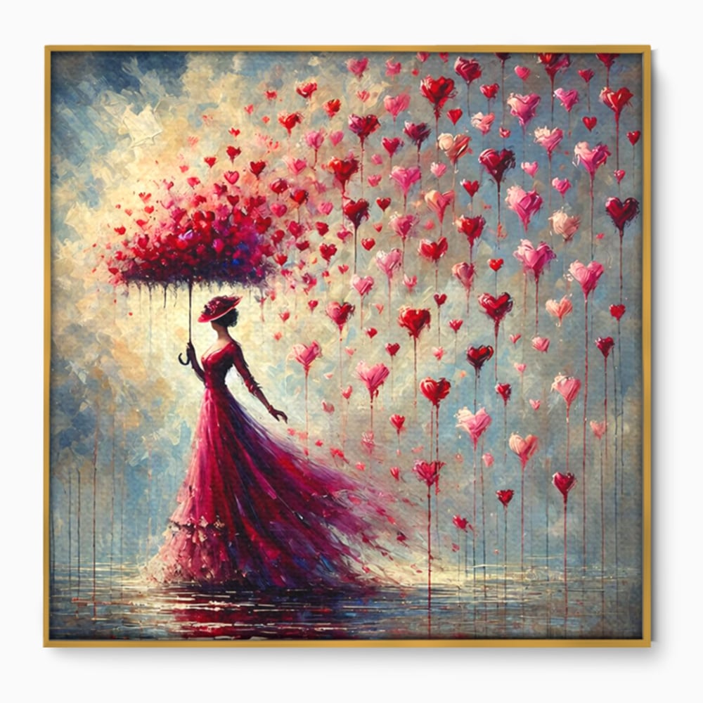Tablou Canvas Premium, LuxCanva® E1072, Femeia si Ploaia de Inimi, Dragoste, Inima, Umbrela, Rochie, Ploaie, Plimbare, Visare, Sentimente, Feminitate, Sensibilitate, Living, Dormitor