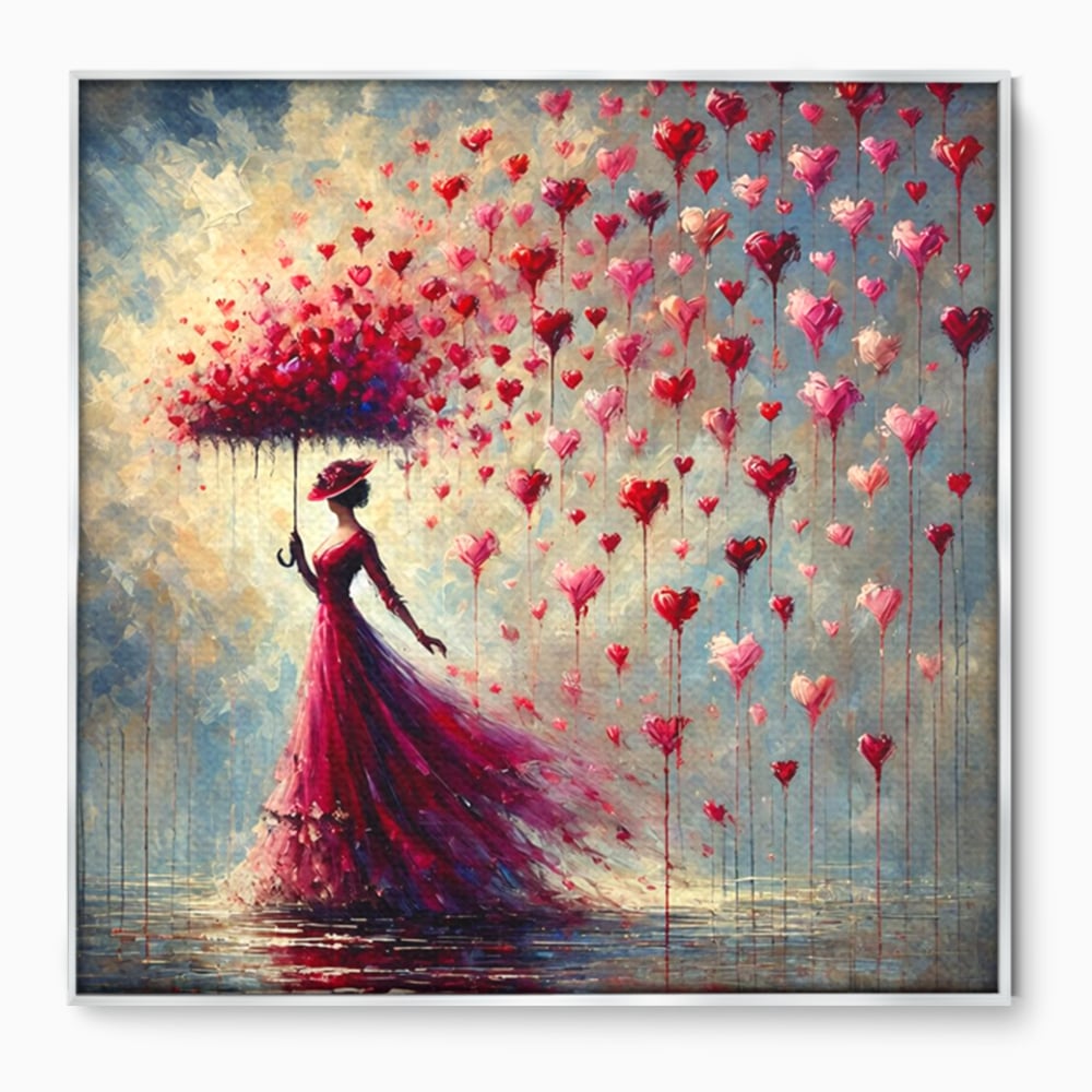 Tablou Canvas Premium, LuxCanva® E1072, Femeia si Ploaia de Inimi, Dragoste, Inima, Umbrela, Rochie, Ploaie, Plimbare, Visare, Sentimente, Feminitate, Sensibilitate, Living, Dormitor