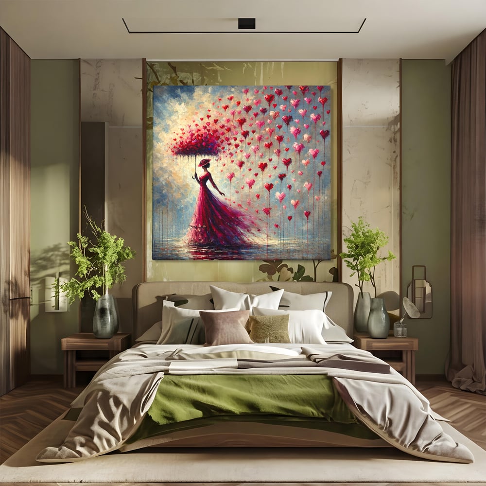 Tablou Canvas Premium, LuxCanva® E1072, Femeia si Ploaia de Inimi, Dragoste, Inima, Umbrela, Rochie, Ploaie, Plimbare, Visare, Sentimente, Feminitate, Sensibilitate, Living, Dormitor