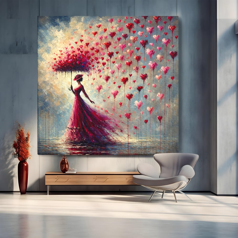 Tablou Canvas Premium, LuxCanva® E1072, Femeia si Ploaia de Inimi, Dragoste, Inima, Umbrela, Rochie, Ploaie, Plimbare, Visare, Sentimente, Feminitate, Sensibilitate, Living, Dormitor