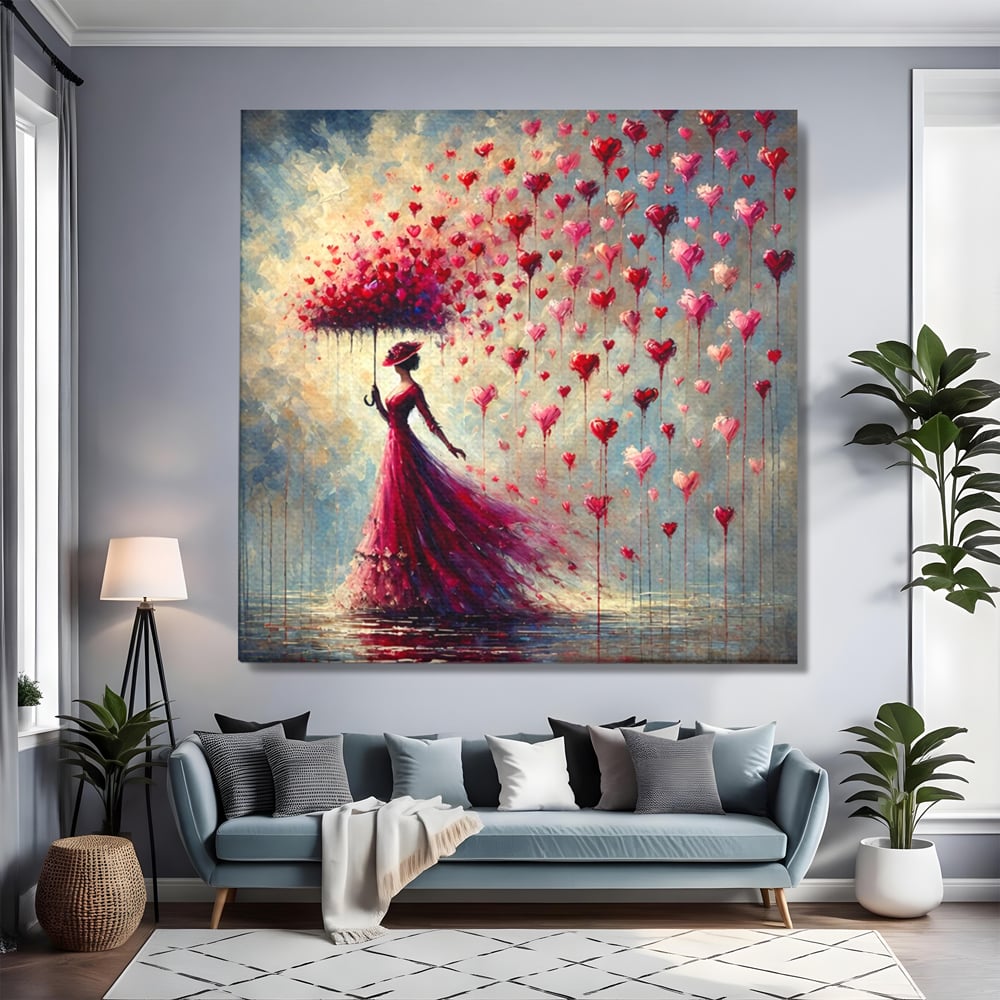 Tablou Canvas Premium, LuxCanva® E1072, Femeia si Ploaia de Inimi, Dragoste, Inima, Umbrela, Rochie, Ploaie, Plimbare, Visare, Sentimente, Feminitate, Sensibilitate, Living, Dormitor
